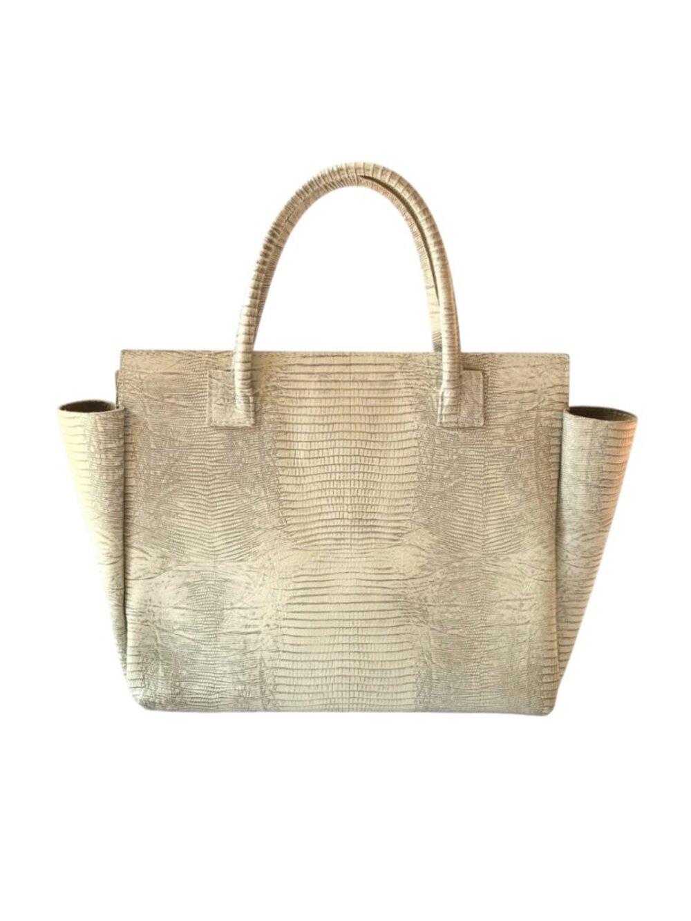 B. May Python Leather Tote Shoulder Bag Purse Womens Cream Snakeskin Two Handles